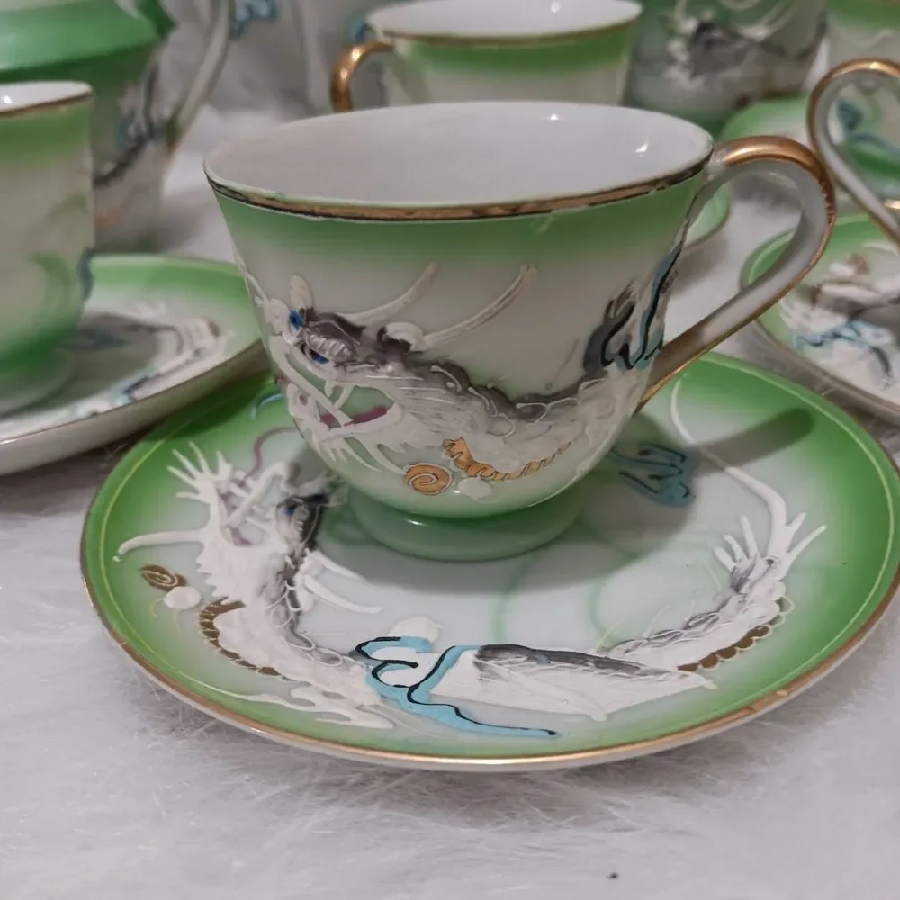 Vintage Hand Decorated Japan Green Moriage Dragon tea set